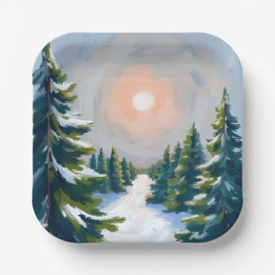Christmas Tree Farm Watercolor Painting Holiday Paper Plate