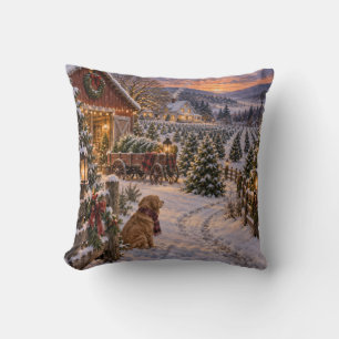 Christmas Tree Farm Winter Sunset Throw Pillow