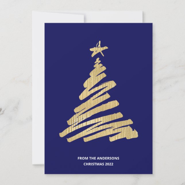 Christmas Tree Faux Gold Foil and Blue Holiday Card (Front)