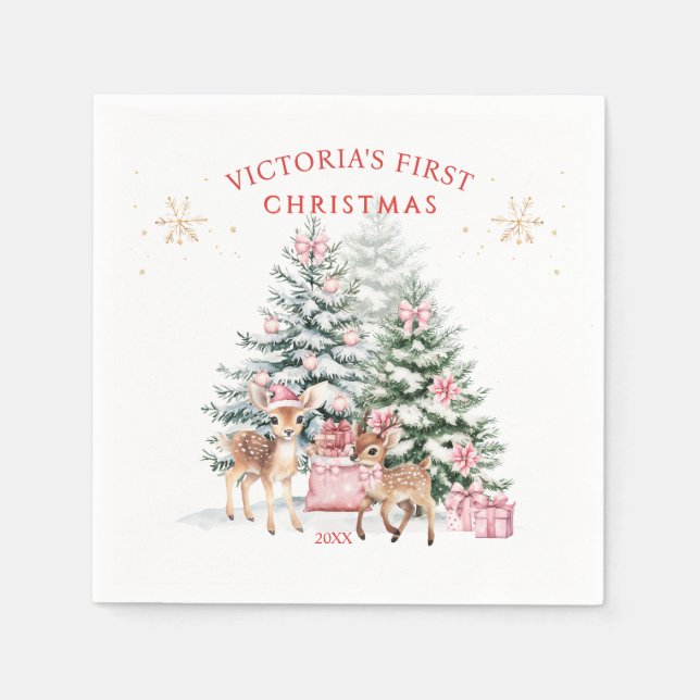 Christmas Tree Fawn Baby's First Christmas Napkin (Front)