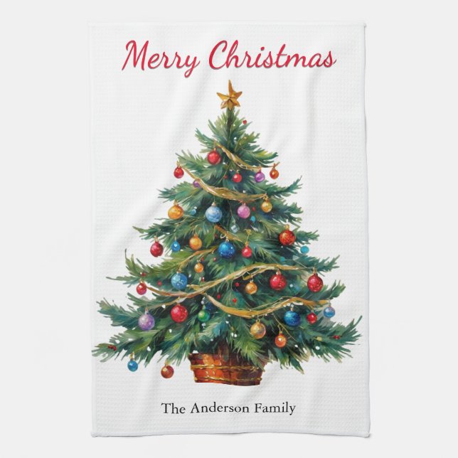 Christmas Tree Festive Winter Holiday Personalized Kitchen Towel (Vertical)