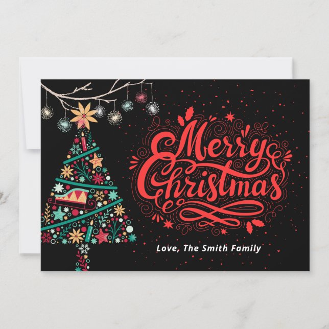 Christmas Tree Flowers and typography Christmas Holiday Card (Front)