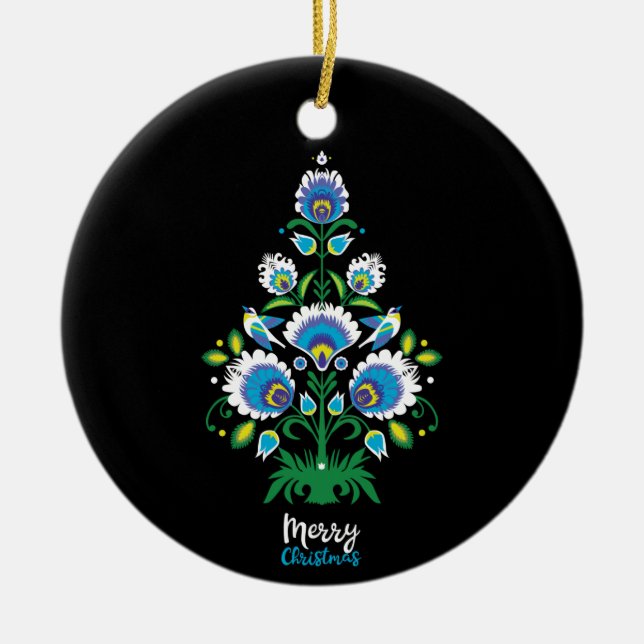 🎄Christmas tree folklore [white, blue] Ceramic Ornament (Front)