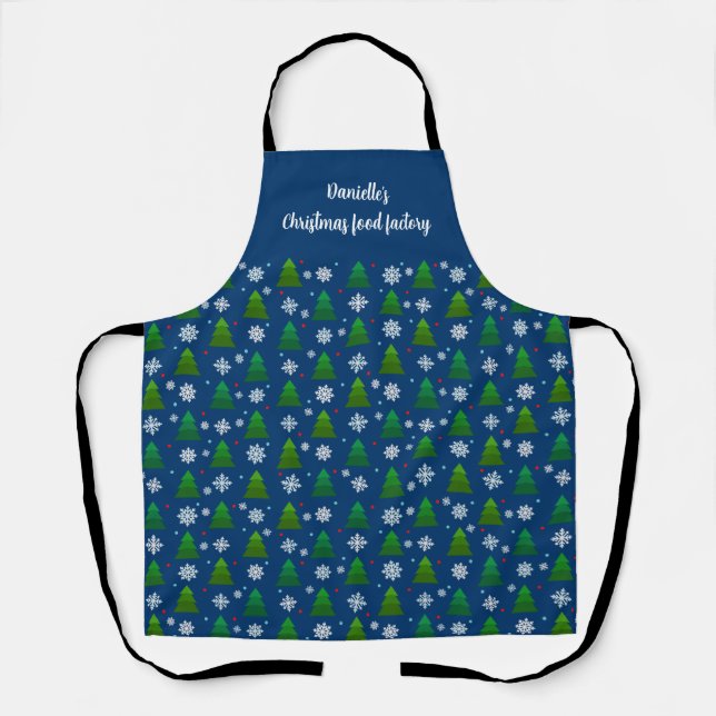 Christmas tree forest, snowflakes and red blue dot apron (Front)