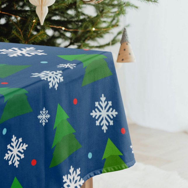 Christmas tree forest, snowflakes and red blue dot tablecloth (Modern Christmas trees with snowflakes and dots navy blue tablecloth)