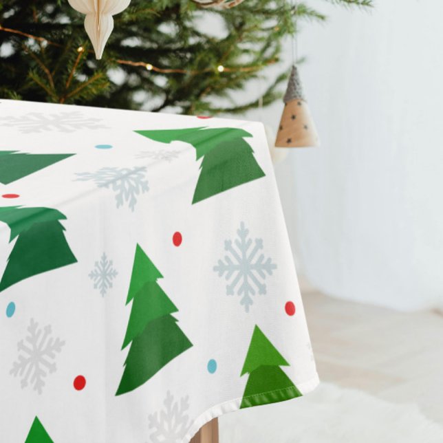 Christmas tree forest, snowflakes and red blue dot tablecloth (Modern Christmas trees with snowflakes and dots white tablecloth)