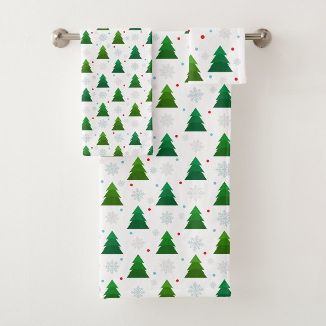 Christmas tree forest, snowflakes, red blue dots bath towel set (Insitu)