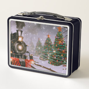 Christmas tree forest train metal lunch box