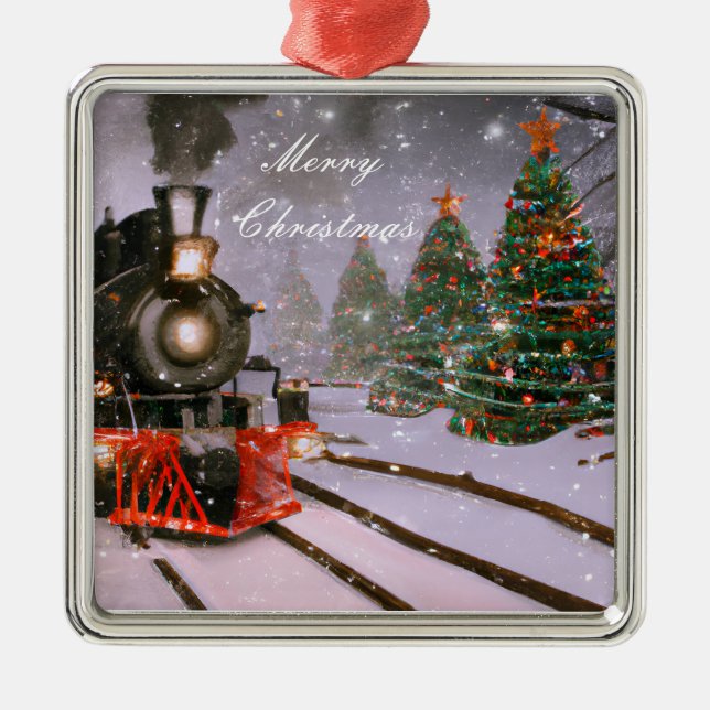 Christmas tree forest train   metal ornament (Front)