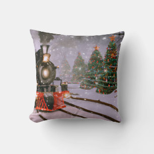 Christmas tree forest train  throw pillow