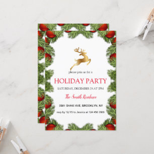 Christmas tree frame, golden reindeer invitation