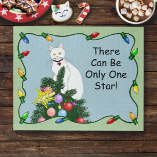 Christmas Tree Funny White Cat Jigsaw Puzzle