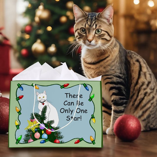 Christmas Tree Funny White Cat Large Gift Bag (Creator Uploaded)