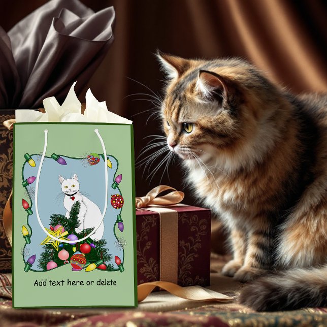Christmas Tree Funny White Cat Medium Gift Bag (Creator Uploaded)