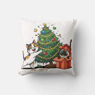 Christmas Tree & Gift Surprise Cats  Throw Pillow