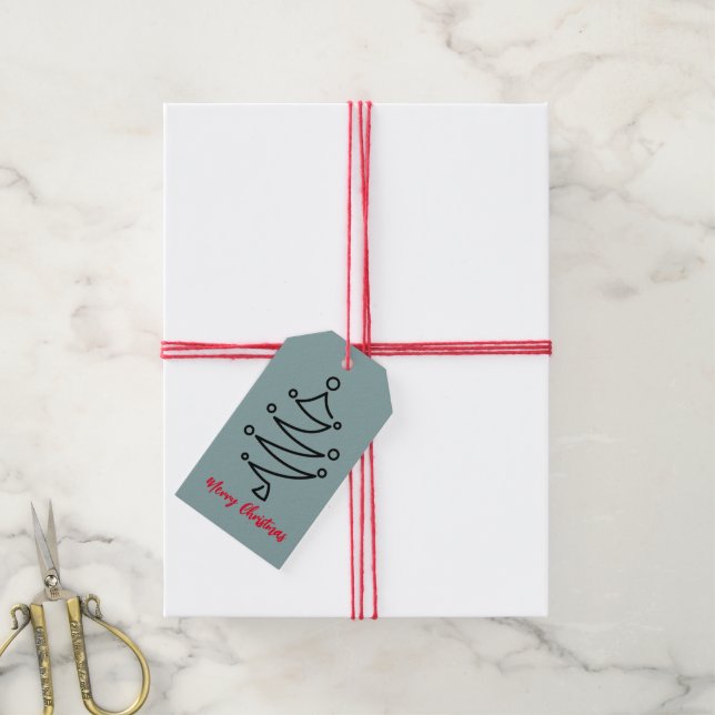 CHRISTMAS TREE GIFT TAG GRAY BLUE WITH RED (With Twine)