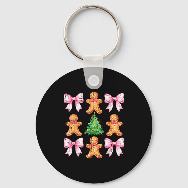 Christmas Tree Gingerbread Man Bow Pattern Xmas Gi Keychain (Front)