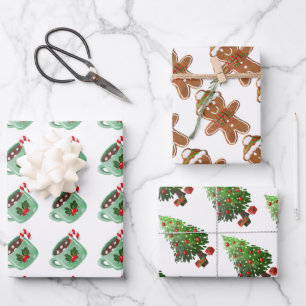 Christmas Tree Gingerbread Man Hot Cocoa Holidays Wrapping Paper Sheet