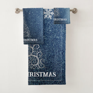 Christmas Tree Glitter and Snowflakes   Blue Bath Towel Set