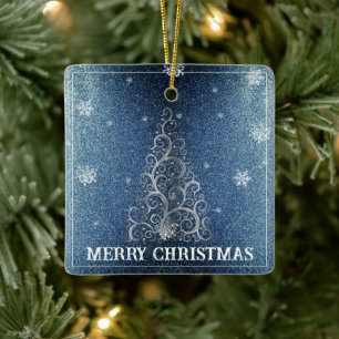 Christmas Tree Glitter and Snowflakes   Blue Ceramic Ornament