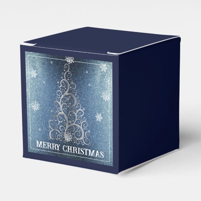 Christmas Tree Glitter and Snowflakes | Blue Favor Box (Front Side)