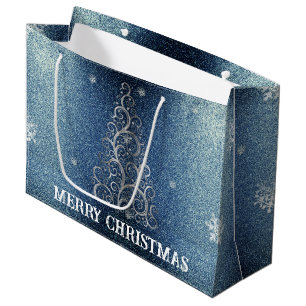 Christmas Tree Glitter and Snowflakes Blue Large Gift Bag