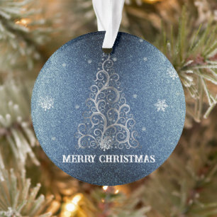 Christmas Tree Glitter and Snowflakes   Blue Ornament
