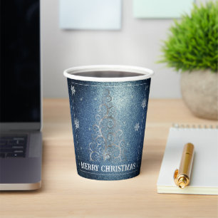 Christmas Tree Glitter and Snowflakes   Blue Paper Cups