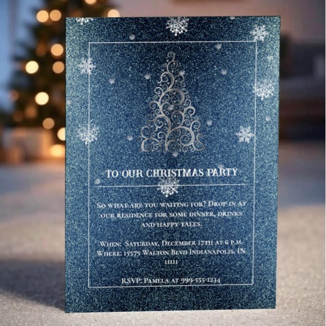 Christmas Tree Glitter and Snowflakes | Blue Party Invitation (Blue Christmas Tree Glitter and Snowflakes Party Invitation)