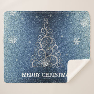 Christmas Tree Glitter and Snowflakes   Blue Sherpa Blanket