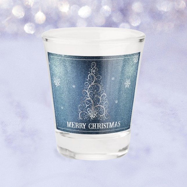 Christmas Tree Glitter and Snowflakes | Blue Shot Glass (Blue Christmas Tree Glitter and Snowflakes Shot Glass)