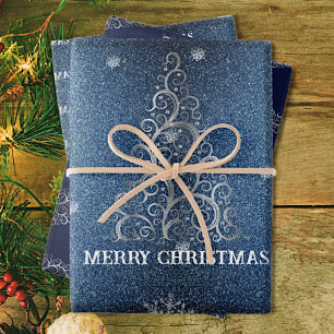 Christmas Tree Glitter and Snowflakes Blue Wrapping Paper Sheet