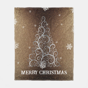 Christmas Tree Glitter and Snowflakes Gold Fleece Blanket