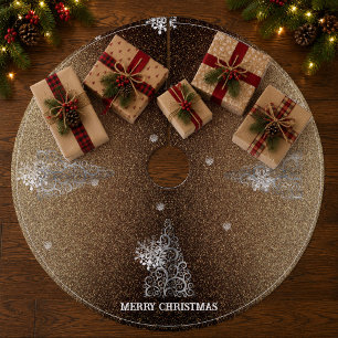 Christmas Tree Glitter and Snowflakes   Gold Fleece Tree Skirt
