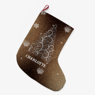 Christmas Tree Glitter and Snowflakes Gold Large Christmas Stocking
