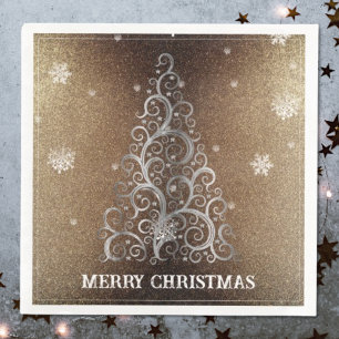 Christmas Tree Glitter and Snowflakes Gold Napkin