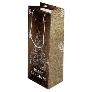 Christmas Tree Glitter and Snowflakes   Gold Wine Gift Bag