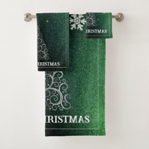 Christmas Tree Glitter and Snowflakes   Green Bath Towel Set