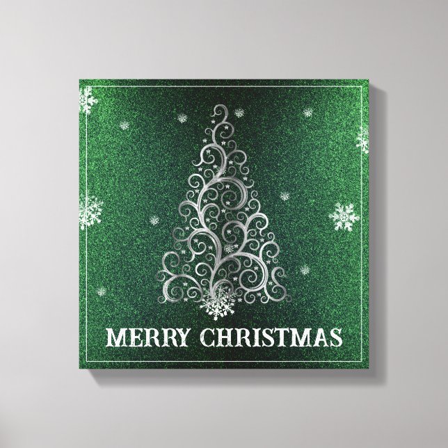 Christmas Tree Glitter and Snowflakes | Green Canvas Print (Front)