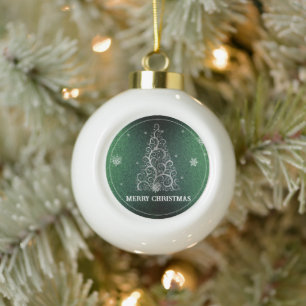 Christmas Tree Glitter and Snowflakes Green Ceramic Ball Christmas Ornament