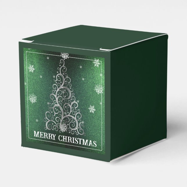 Christmas Tree Glitter and Snowflakes | Green Favor Box (Front Side)