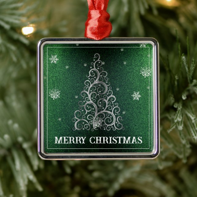 Christmas Tree Glitter and Snowflakes | Green Metal Ornament (Tree)