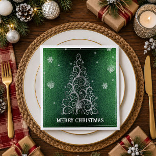 Christmas Tree Glitter and Snowflakes Green Napkin