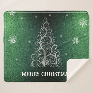 Christmas Tree Glitter and Snowflakes   Green Sherpa Blanket