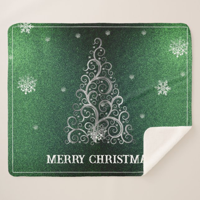 Christmas Tree Glitter and Snowflakes | Green Sherpa Blanket (Front (Horizontal))