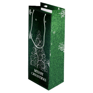 Christmas Tree Glitter and Snowflakes   Green Wine Gift Bag