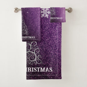 Christmas Tree Glitter and Snowflakes   Magenta Bath Towel Set