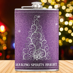 Christmas Tree Glitter and Snowflakes   Magenta Hip Flask