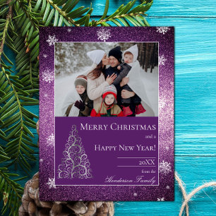 Christmas Tree Glitter and Snowflakes Magenta Holiday Card