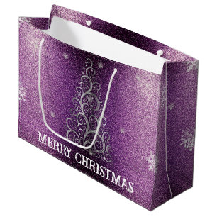 Christmas Tree Glitter and Snowflakes Magenta Large Gift Bag